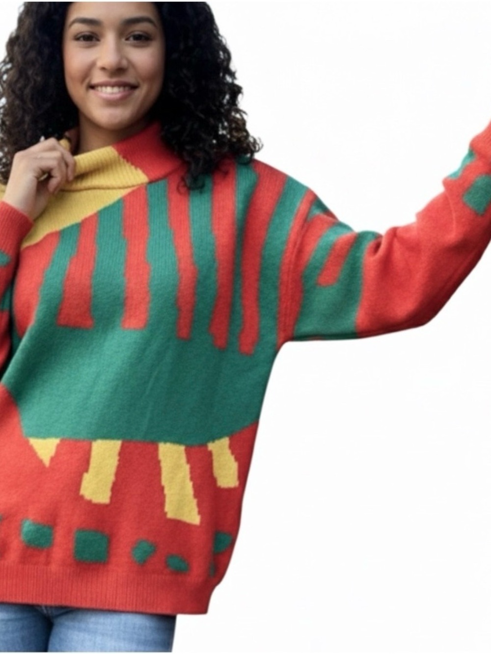 YWFG-JF Abstract Geometric Colorblock Mock Neck Sweater 1X / 2X, PTP 24”